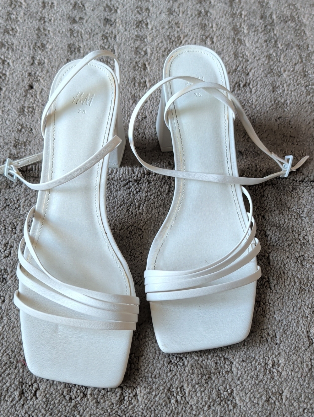 H&M White Strappy Square-Toe Block Heels - 38